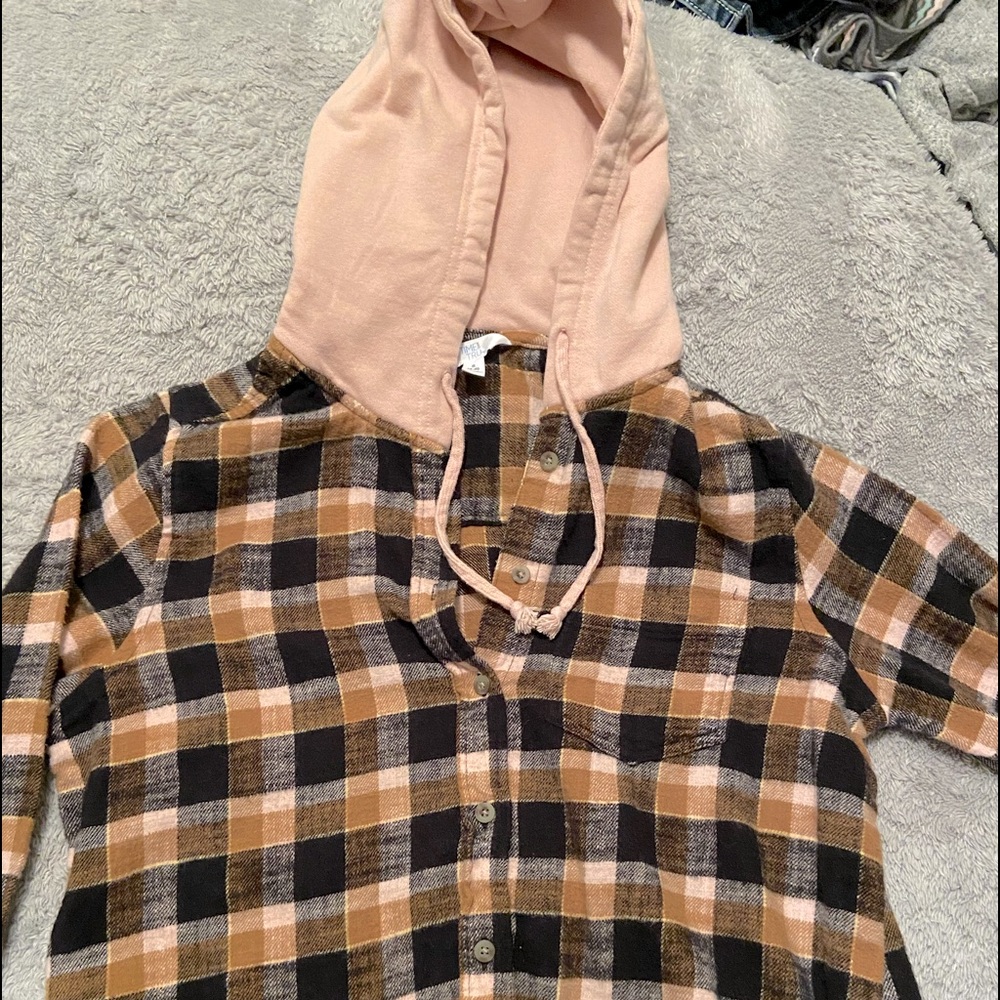 Brown flannel with pink hood
